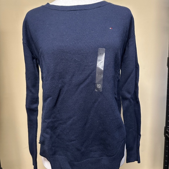 NWT! Tommy Hilfiger Women's Knit Sweater Crewneck Cotton In Navy Size XS - Picture 1 of 5